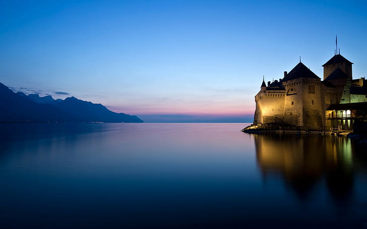 zamek, morze, zamek chillon, Szwajcaria, Tapety HD