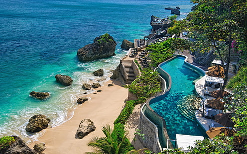 Indonésie, Bali, côte, plage, pierres, piscines, Indonésie, Bali, côte, plage, pierres, piscines, Fond d'écran HD HD wallpaper