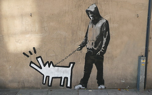 mural de parede homem andando com cachorro, Graffiti, Banksy, cachorro Haring, HD papel de parede HD wallpaper