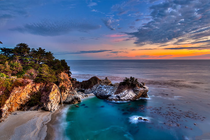 blue ocean under clouded sky during golden hour aerial photography, trees, sunset, the ocean, coast, waterfall, Pacific Ocean, California, cloud., Big Sur, McWay Falls, Julia Pfeiffer Burns State Park, Scully, McVeigh, HD wallpaper