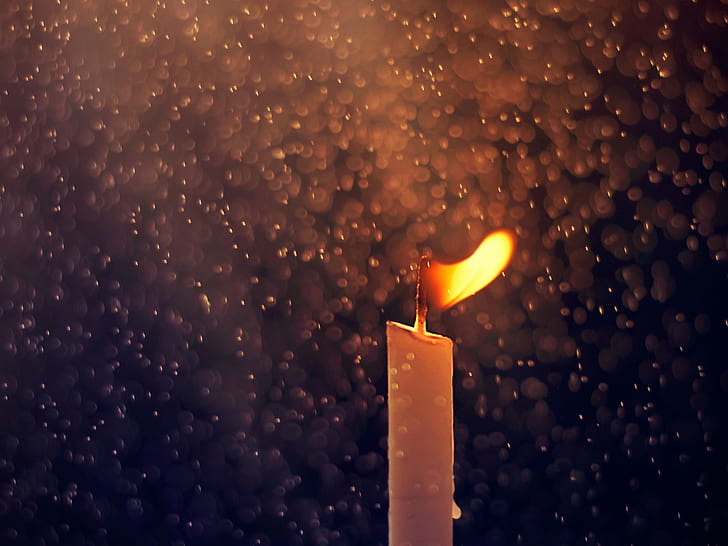 Свещ, огън, дъждовни капки, макро фотография, свещ, огън, дъждовни капки, макро, фотография, HD тапет
