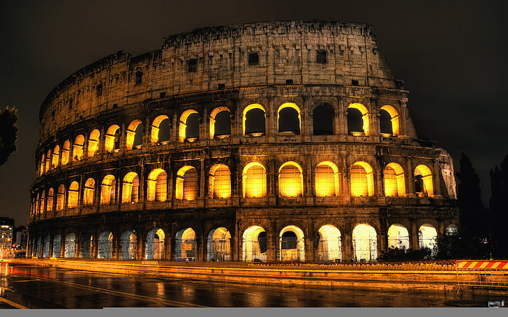 Колизеум, Рим, път, нощ, светлини, подсветка, Колизеум, Италия, Рим, кондезин, HD тапет