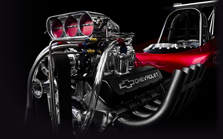 Двигатель Chevrolet, красно-черный и хромированный двигатель автомобиля Chevrolet с 3-клапанным турбокомпрессором, Chevrolet, двигатель, мотор, HD обои