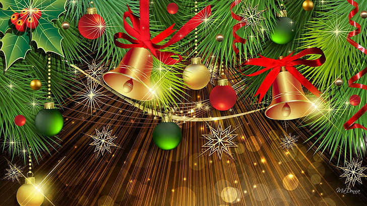 Bells Of The Holidays, decorations, stars, christmas, new years, bright, feliz navidad, colors, spruce, bells, gold, HD wallpaper