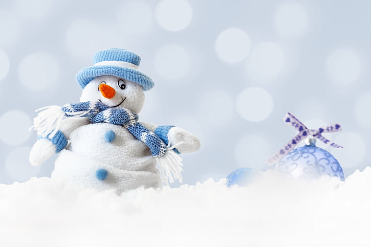 snowman plush toy, winter, snow, New Year, Christmas, snowman, Merry Christmas, Xmas, decoration, HD wallpaper