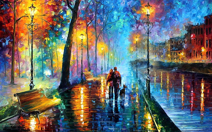 couple with dog on park painting, Leonid Afremov, bench, painting, HD wallpaper