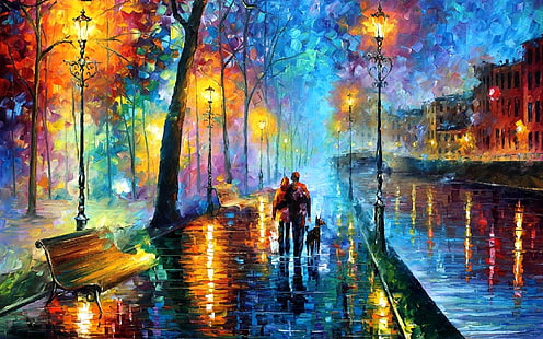 couple with dog on park painting, Leonid Afremov, bench, painting, HD wallpaper HD wallpaper
