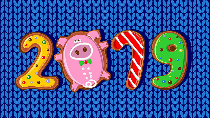 2019, gingerbread, new year, pink, cartoon, art, illustration, graphic design, number, graphics, horoscope, pig, chinese horoscope, chinese new year, the year of pig, happy new year, HD wallpaper