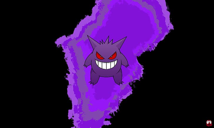 Pokémon, Gengar, purple background, black background, red eyes, anime, HD wallpaper