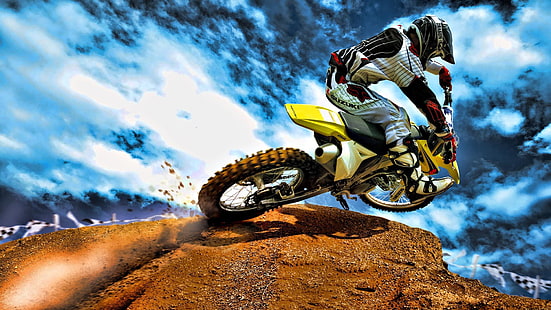 Motocross HDR Bike HD, yellow and white motocross dirt bike, bike, checkered flag, clouds, dirt, flag, hdr, motocross, mud, sand, HD wallpaper HD wallpaper