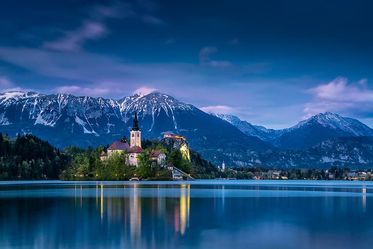 mountains, lake, island, Slovenia, Lake Bled, Bled, Assumption of Mary Pilgrimage Church, Church Of The Assumption Of The Virgin Mary, The Julian Alps, Julian Alps, HD wallpaper