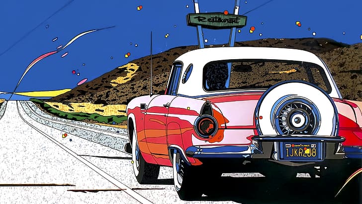 1980er, japanische Kunst, Grafikdesign, Eizin Suzuki, amerikanische Autos, Strichzeichnungen, lebhaft, bunt, Sommer, HD-Hintergrundbild