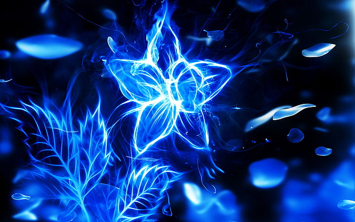 Blaue Feuerblume Strahlvektor-Designthematapete, blaues und schwarzes Neon blüht Tapete, HD-Hintergrundbild