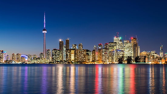 нощ, Торонто, Канада, CN кула, град, канадска национална кула, градска линия, градски светлини, градски пейзаж, кула блок, отражение, силует, небостъргач, HD тапет HD wallpaper