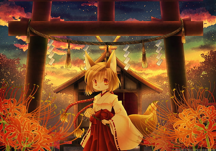 ascendancy, clothes, flowers, foxgirl, japanese, miko, original, sunset, torii, HD wallpaper