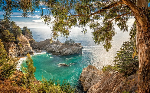 Биг Сур, пейзаж, природа, Калифорния, плаж, заливи, водопад, крайбрежие, море, дървета, храсти, скала, HD тапет HD wallpaper