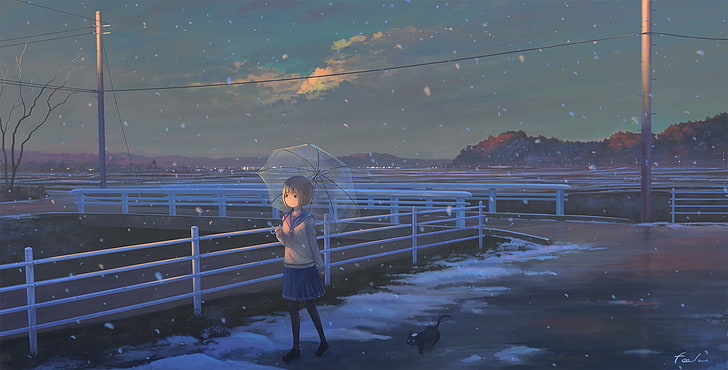 anime menina, neve, andando, cênica, ponte, nuvens, uniforme escolar, anime, HD papel de parede