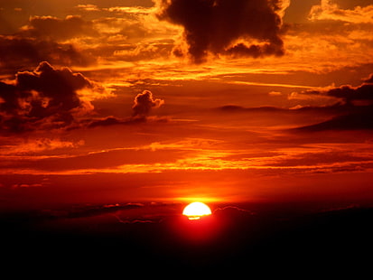cloud, cloudy, dusk, evening sun, horizon, nature, red, sky, sun, sunset, twilight, public domain images, HD wallpaper HD wallpaper