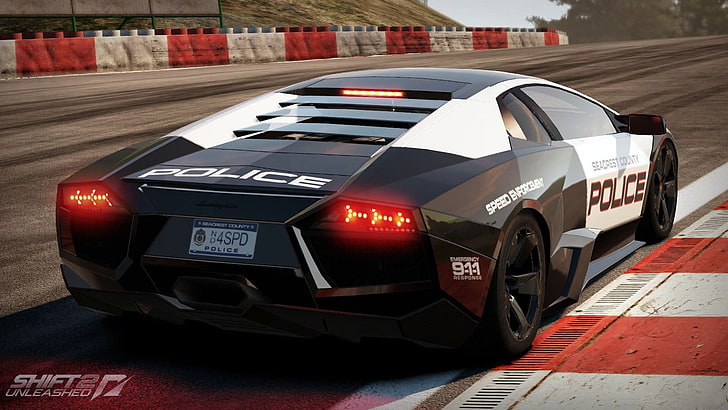 svartvitt Lamborghini Aventador coupe, närbildfoto av svartvitt racerbil, Need for Speed: Shift, HD tapet
