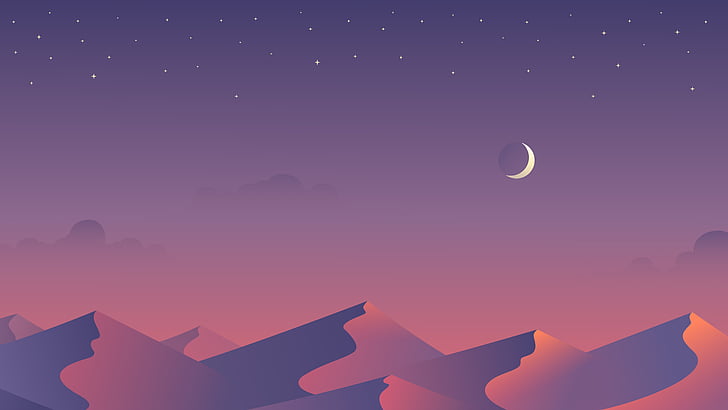 المناظر الطبيعية الصحراوية أثناء الليل خلفية رقمية ، نصف القمر ، النجوم ، الصحراء ، الكثبان الرملية ، الحد الأدنى ، 5 كيلو، خلفية HD