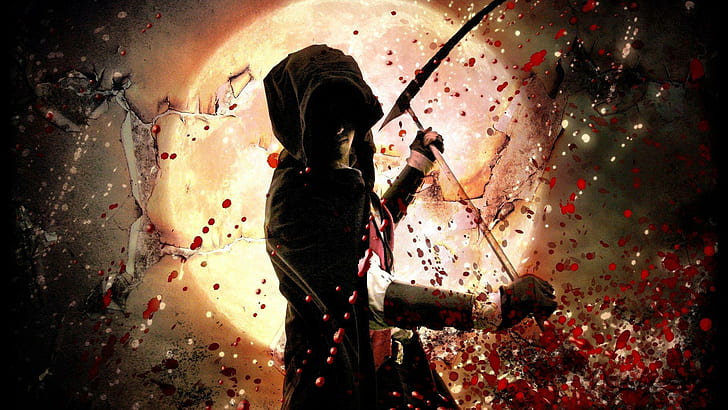 Scythe warrior, black hoodie, fantasy, 1920x1080, moon, warrior, scythe, HD wallpaper