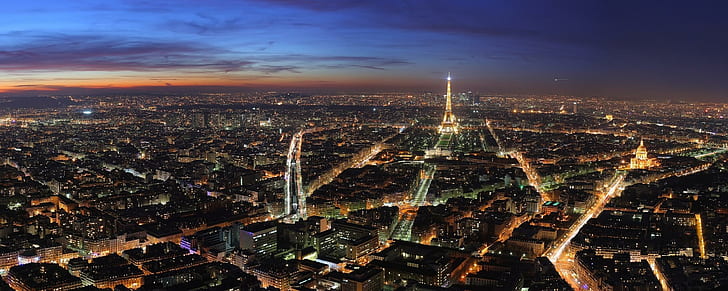 パリの夜のデュアルモニター、街の明かりの写真、デュアル、モニター、夜、パリ、デュアルモニター、 HDデスクトップの壁紙