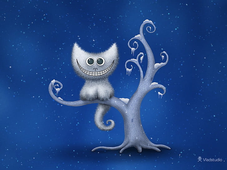 иллюстрация серого кота, чеширский кот, влад студио, снег, деревья, кот, HD обои