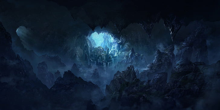 пещера, синьо, HD тапет