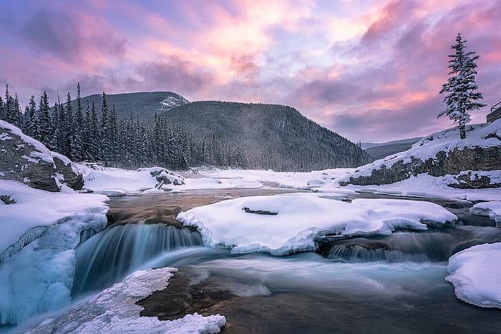 winter, snow, landscape, sunset, mountains, nature, river, waterfall, ice, Canada, forest, Elbow Falls, HD wallpaper