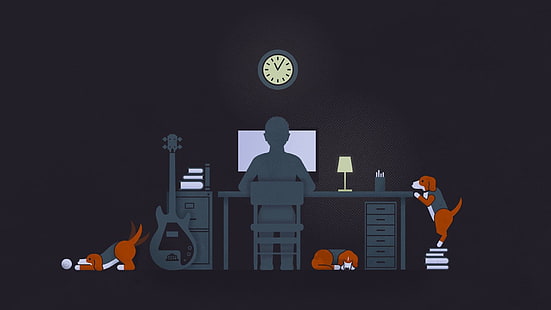 Person, die auf Stuhl bei der Anwendung der Computerillustration, Minimalismus, Hund, Computer sitzt, HD-Hintergrundbild HD wallpaper