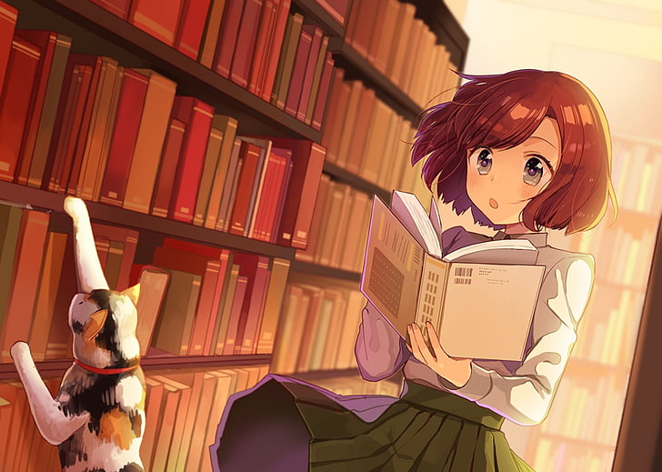 Anime, Original, Book, Brown Hair, Cat, Library, Short Hair, HD wallpaper