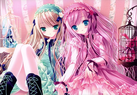 ブロンドドレス青い目リボン鳥かご緑の目ピンク髪アニメティンクルイラストアニメの女の子人々ピンク髪HDアート、ドレス、ブロンド、 HDデスクトップの壁紙 HD wallpaper
