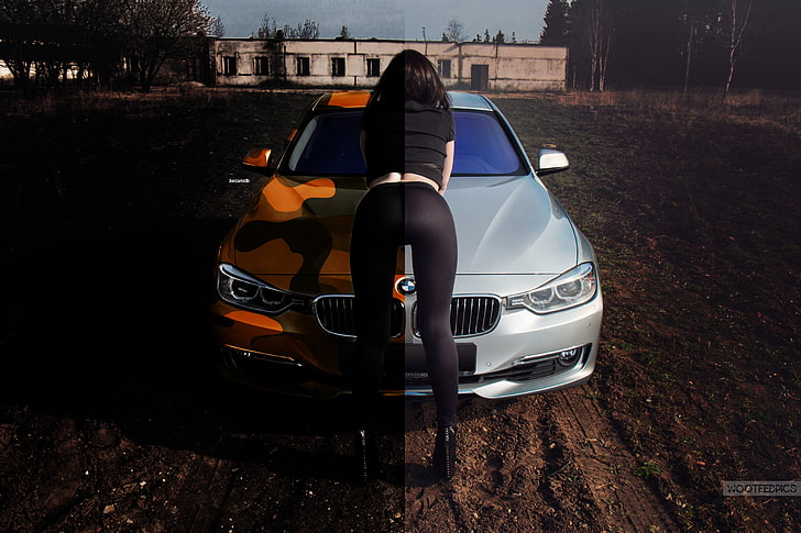 сребърен и оранжев автомобил BMW, BMW, фото манипулация, автомобил, HD тапет