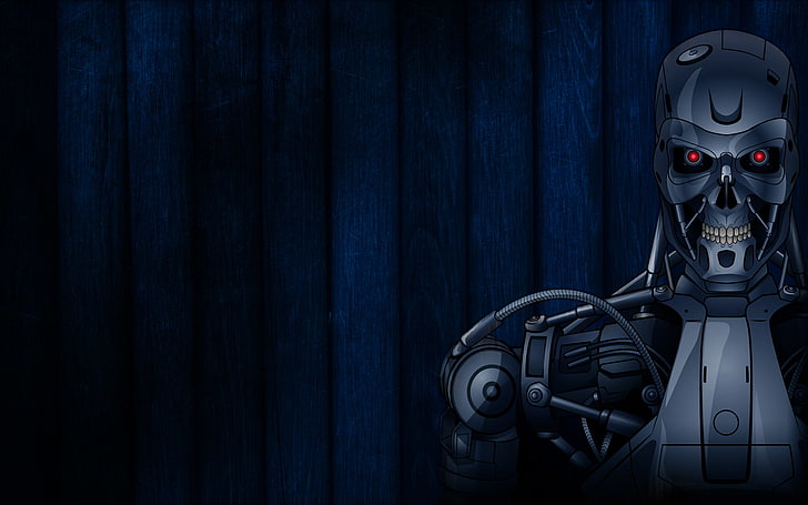Ilustración de Terminator, tira, robot, ojos rojos, Terminator, fondo azul oscuro, Fondo de pantalla HD