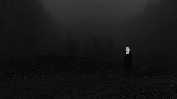 No-Face, Hayao Miyazaki, Spirited Away, oscuro, noche, negro, árboles, naturaleza, Fondo de pantalla HD