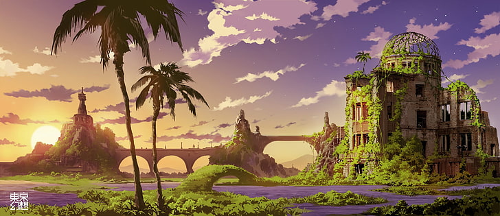 Malerei des grauen Haubengebäudes bedeckt mit Grünpflanzen, Anime, Landschaft, Fantasiekunst, HD-Hintergrundbild