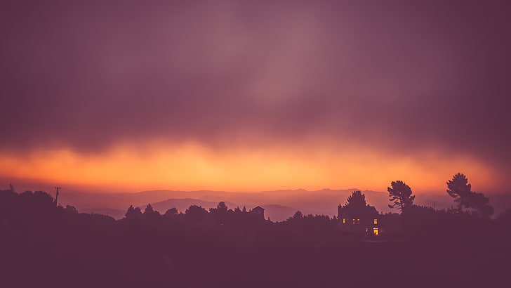 house silhouette, landscape, mist, sunset, house, sky, HD wallpaper