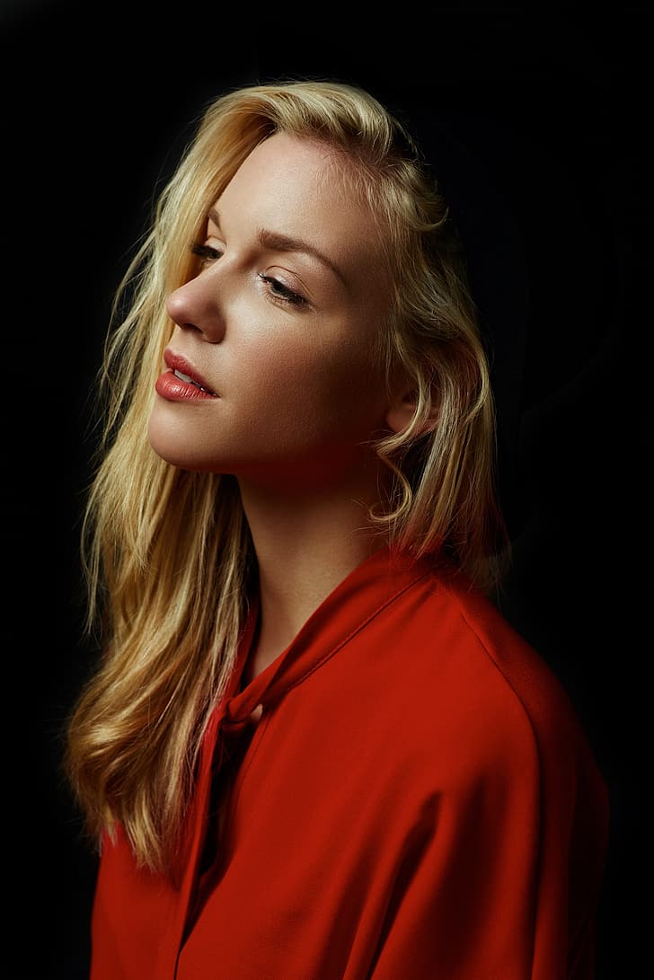 Martin Strauss, women, blonde, long hair, looking away, makeup, portrait, red clothing, simple background, black background, HD wallpaper