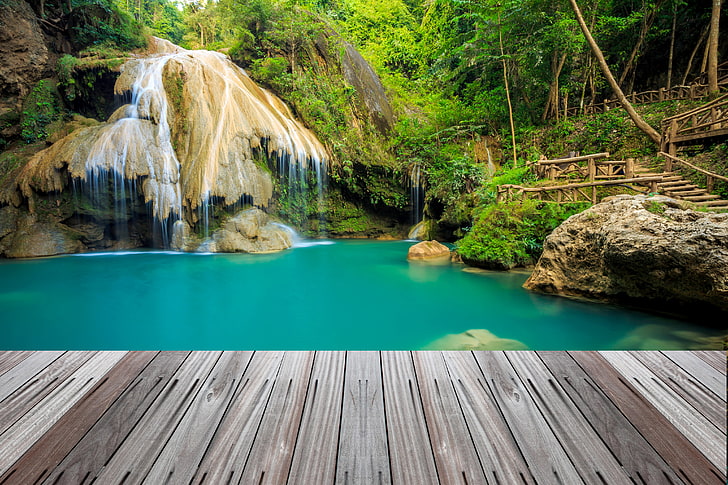 brown wooden deck, forest, trees, tropics, stones, waterfall, ladder, Thailand, bridges, HD wallpaper