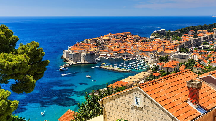 стени на Дубровник, Дубровник, Хърватия, стар град, изглед, панорама, Европа, Адриатическо море, море, HD тапет
