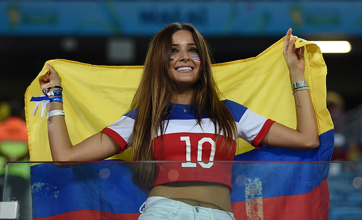 kvinnors röda, vita och blå randiga skördetröja med rund hals, flicka, flagga, cheerleader, Colombia, HD tapet