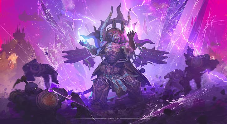 Warhammer, Warhammer 30,000, Warhammer 40,000, science fiction, high tech, magic, primarchs, primarch, blue, gold, red, dark, black, Magnusthered, Magnus-the-Red, lightning, lightning bolt, power armor, psyker, Psychic, purple, crystal, Imperium of Man, Thousand Sons, battle, cape, horns, red skin, HD wallpaper