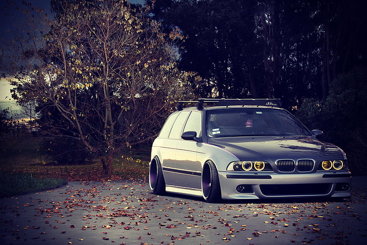 gray and black BMW 3-door hatchback, BMW, Tuning, Lights, Drives, E39, Stance, HD wallpaper