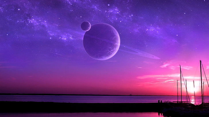 planet, ringed planet, moon, purple sky, pink sky, sea, fantasy art, sky, horizon, phenomenon, universe, astronomical object, moonlight, outer space, calm, HD wallpaper