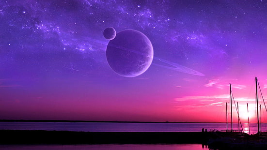 планета, кольчатая планета, луна, фиолетовое небо, розовое небо, море, фэнтези-арт, небо, горизонт, явление, вселенная, астрономический объект, лунный свет, космическое пространство, спокойствие, HD обои HD wallpaper