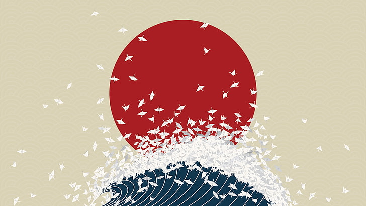 birds, digital art, Japan, minimalism, Nihon, Nippon, origami, waves, HD wallpaper