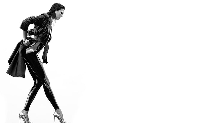 Jaket dan legging wanita, Karlie Kloss, sepatu hak, pakaian ketat, bodysuit, lateks, jaket, monokrom, wanita, model, Wallpaper HD