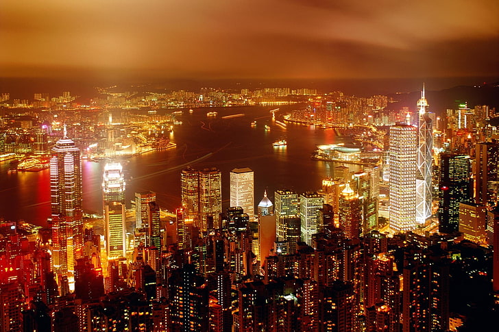 pejzaż miejski, budynek, światła, Hongkong, Tapety HD