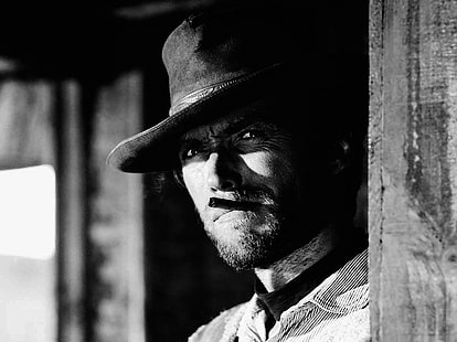 ภาพถ่ายระดับสีเทาของชายสวมหมวก Clint Eastwood ขาวดำฝรั่งภาพยนตร์ผู้ชาย, วอลล์เปเปอร์ HD HD wallpaper