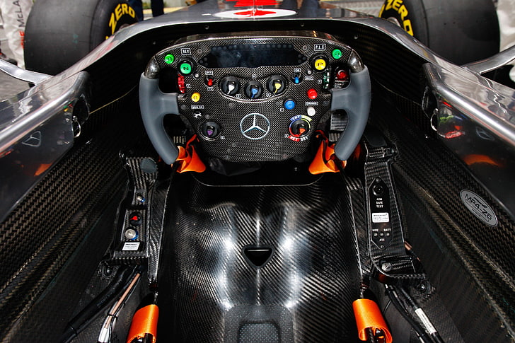 สีดำและสีน้ำตาล Mercedes-Benz F1, ห้องนักบิน, สูตร 1, รถยนต์, ยานพาหนะ, การแข่งรถ, วอลล์เปเปอร์ HD
